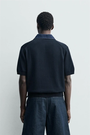 Трикотажное поло с денимовым воротником- Заказать в России