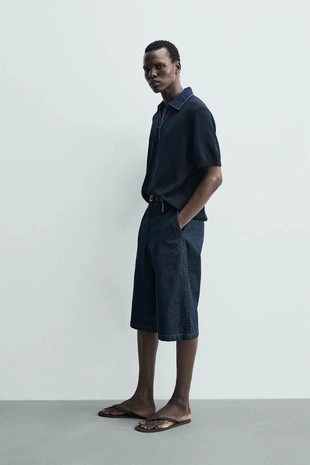 Трикотажное поло с денимовым воротником- Заказать в России