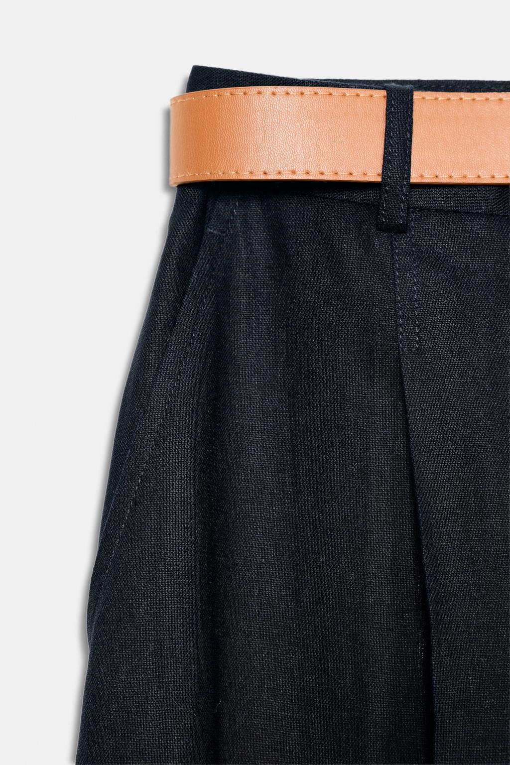 БРЮКИ ИЗ ЛЬНА С ЗАЩИПАМИ И РЕМНЕМ