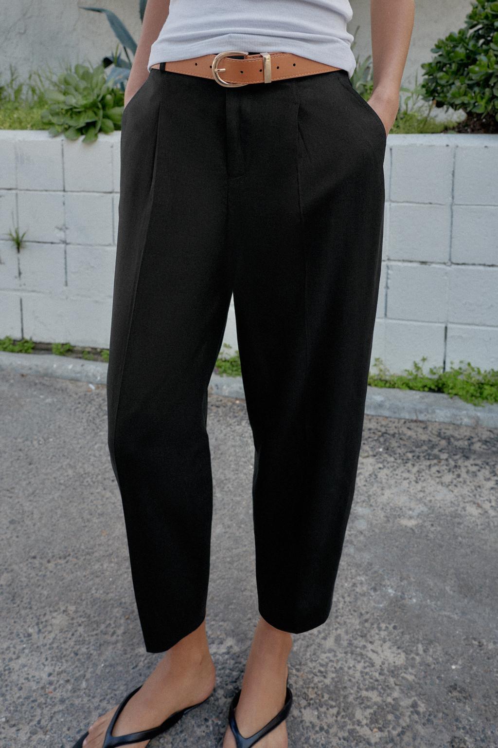 БРЮКИ ИЗ ЛЬНА С ЗАЩИПАМИ И РЕМНЕМ