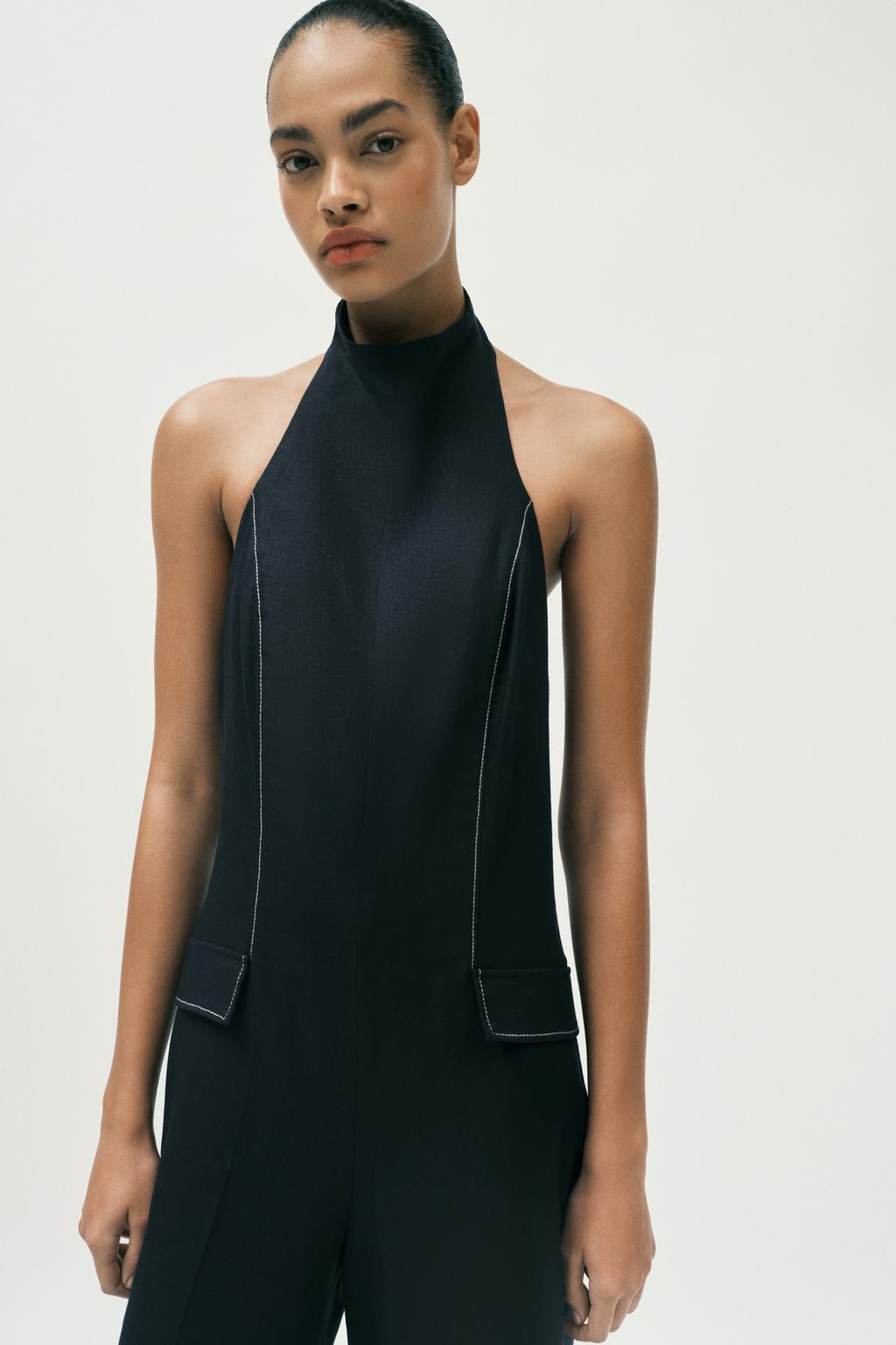 КОМБИНЕЗОН ХАЛТЕР С КОНТРАСТНОЙ СТРОЧКОЙ И ЛЬНОМ