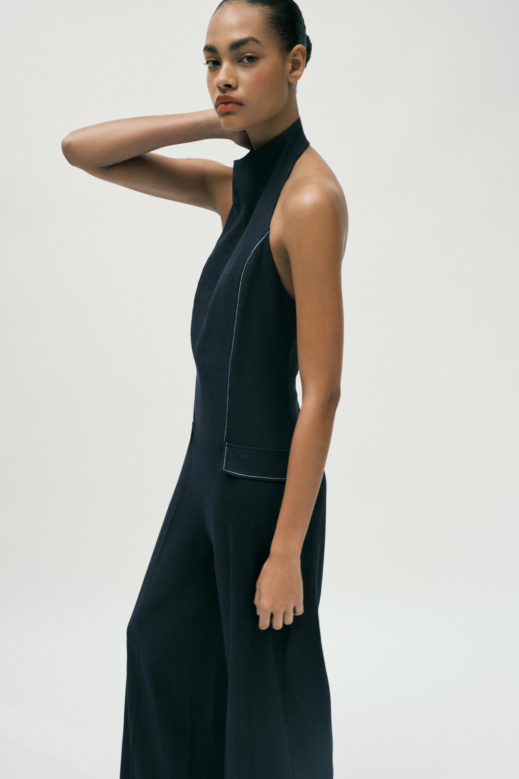 КОМБИНЕЗОН ХАЛТЕР С КОНТРАСТНОЙ СТРОЧКОЙ И ЛЬНОМ