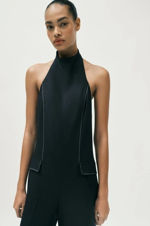Комбинезон халтер с контрастной строчкой и льном- Заказать в России