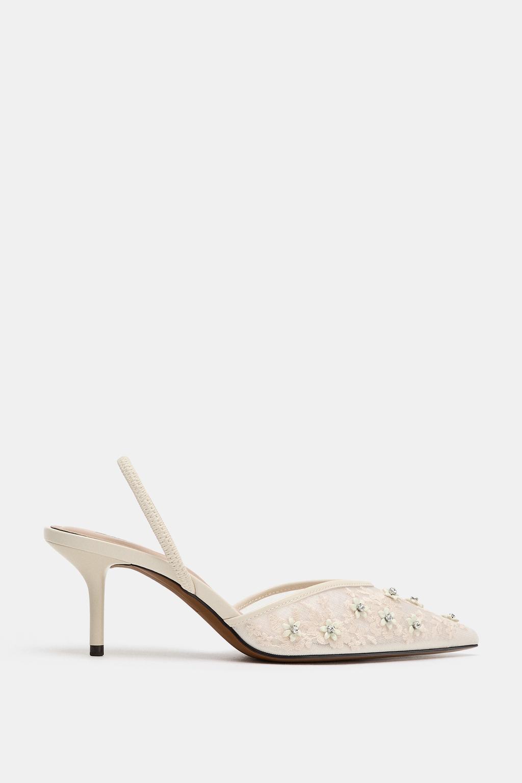 Zara Туфли-мюли из сетчатой ткани с бусинами - Цвет белый - white