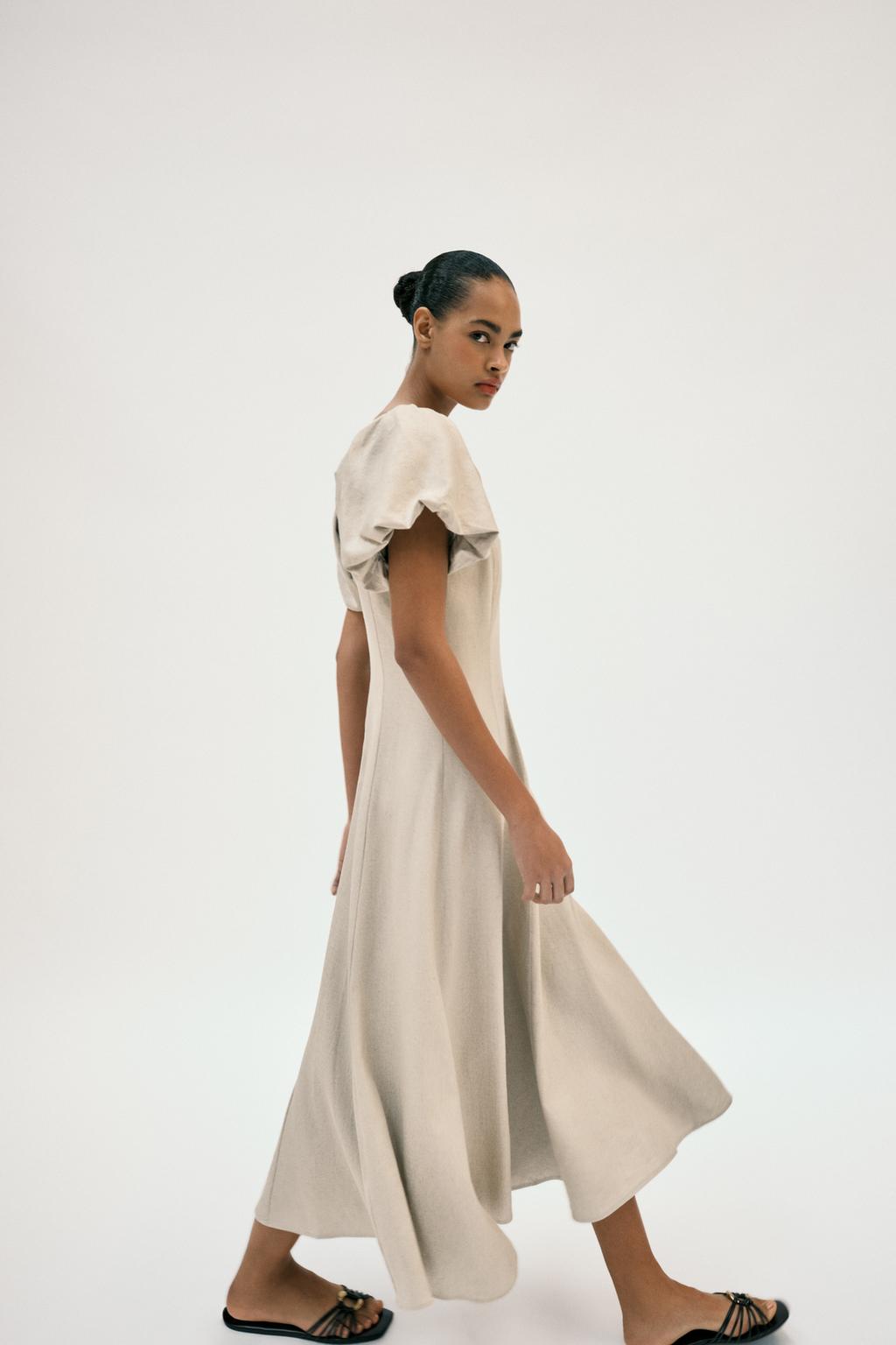 ПЛАТЬЕ МИДИ ИЗО ЛЬНА С ОБЪЕМНЫМИ РУКАВАМИ