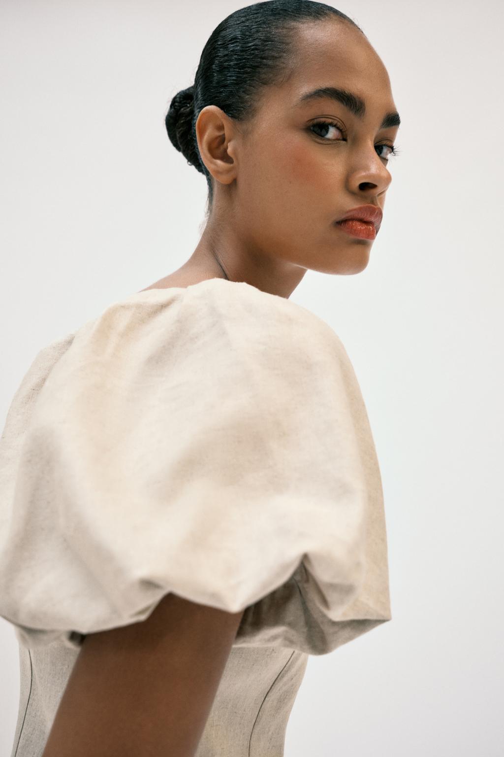 ПЛАТЬЕ МИДИ ИЗО ЛЬНА С ОБЪЕМНЫМИ РУКАВАМИ