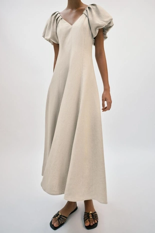 Платье миди изо льна с объемными рукавами- Заказать в России