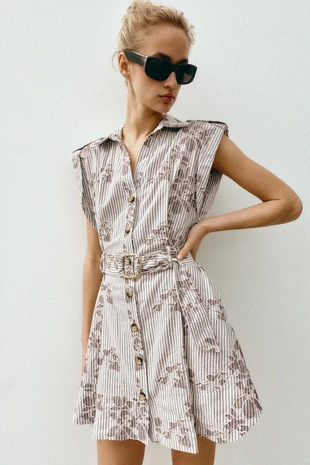 Brown / Ecru | 2551/670/087 - Zara Платье с вышивкой, пайетками и ремнем