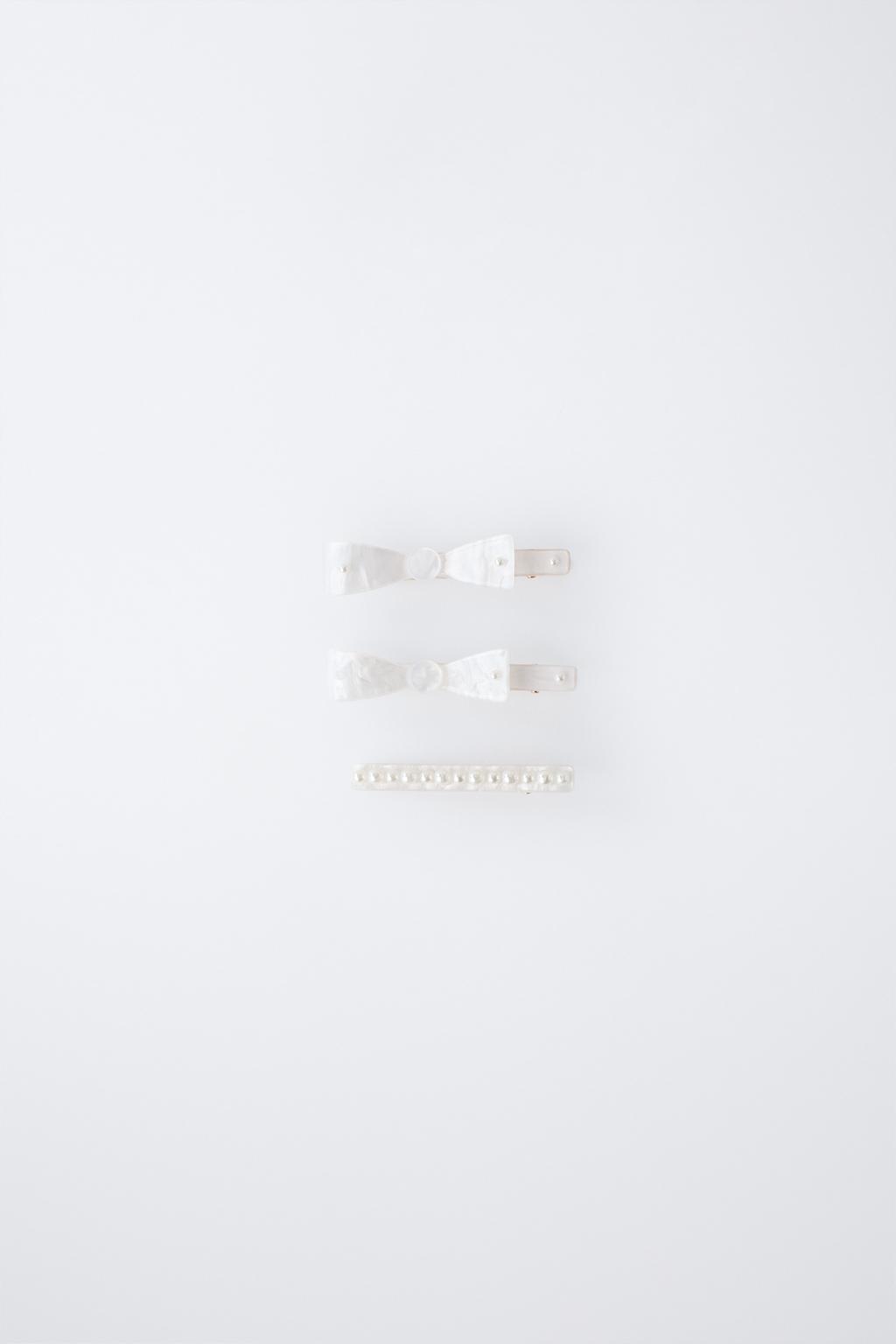 НАБОР ИЗ ТРЕХ ЗАКОЛОК ДЛЯ ВОЛОС ИЗ ПЕРЛАМУТРА С БАНТАМИ И БУСИНАМИ