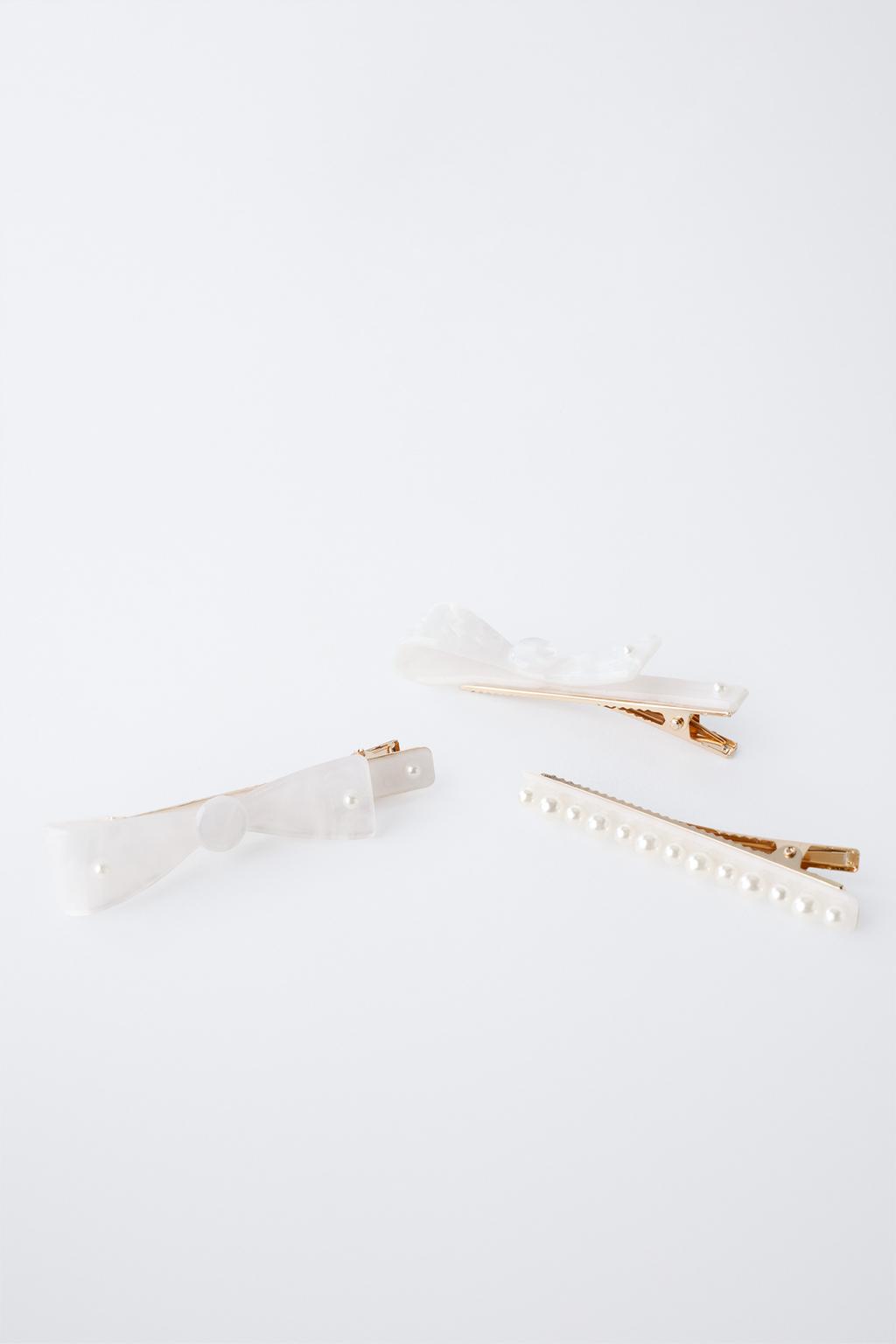 НАБОР ИЗ ТРЕХ ЗАКОЛОК ДЛЯ ВОЛОС ИЗ ПЕРЛАМУТРА С БАНТАМИ И БУСИНАМИ