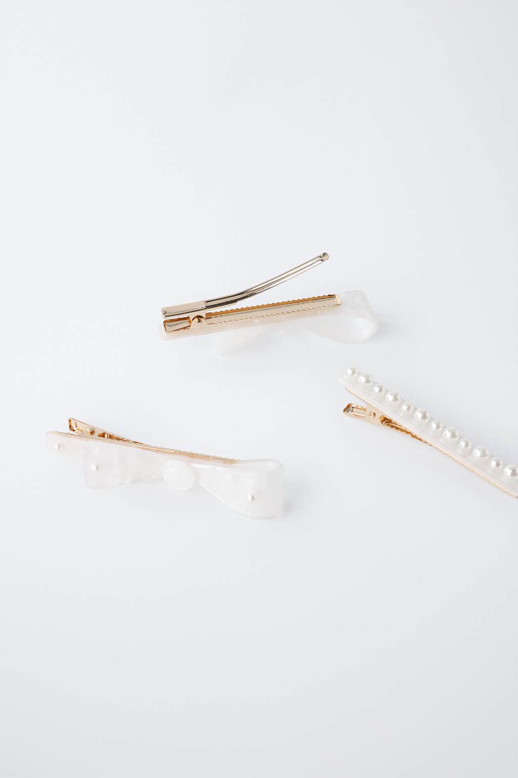 НАБОР ИЗ ТРЕХ ЗАКОЛОК ДЛЯ ВОЛОС ИЗ ПЕРЛАМУТРА С БАНТАМИ И БУСИНАМИ