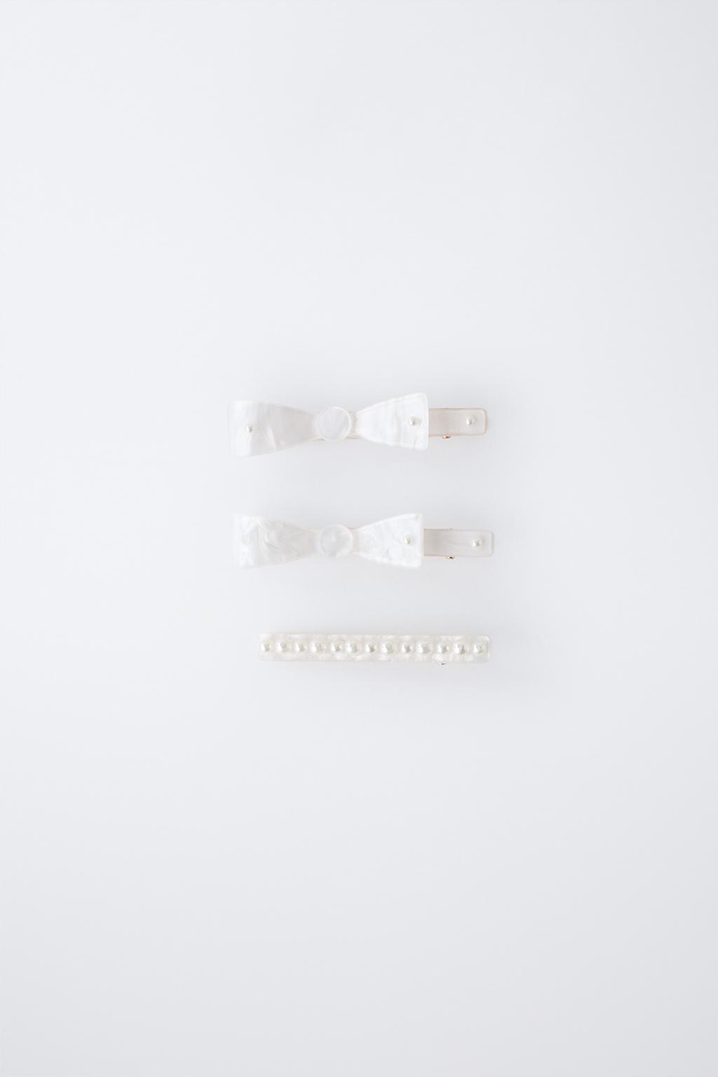 НАБОР ИЗ ТРЕХ ЗАКОЛОК ДЛЯ ВОЛОС ИЗ ПЕРЛАМУТРА С БАНТАМИ И БУСИНАМИ