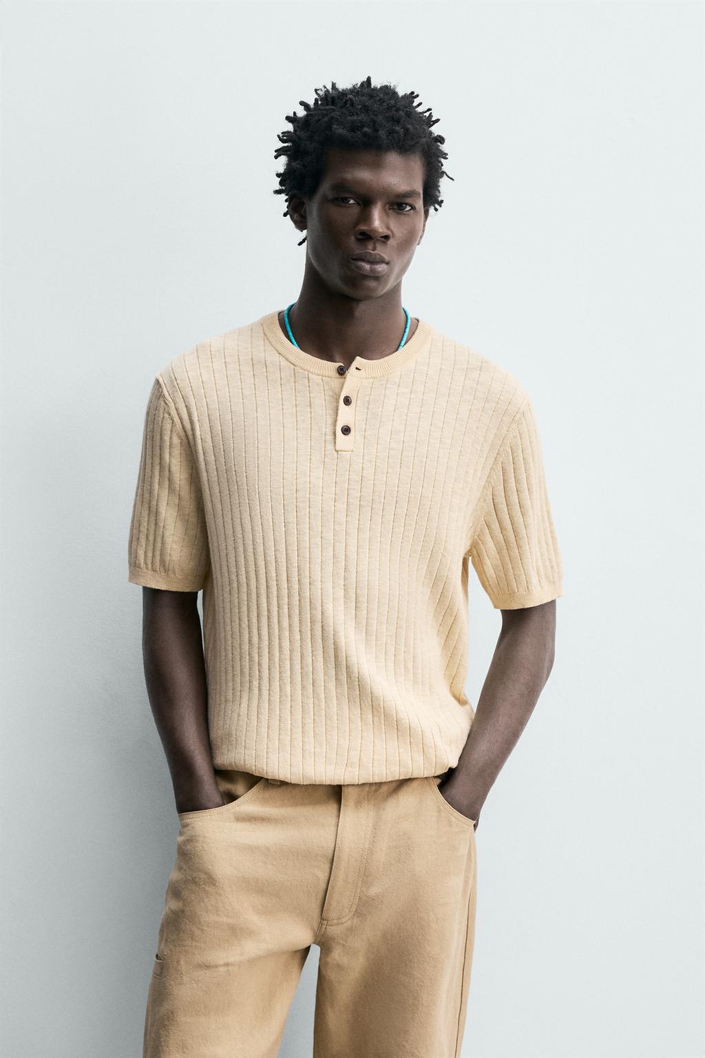 ФУТБОЛКА ИЗ ХЛОПКА И ЛЬНА В РУБЧИК С КРУГЛЫМ ВЫРЕЗОМ