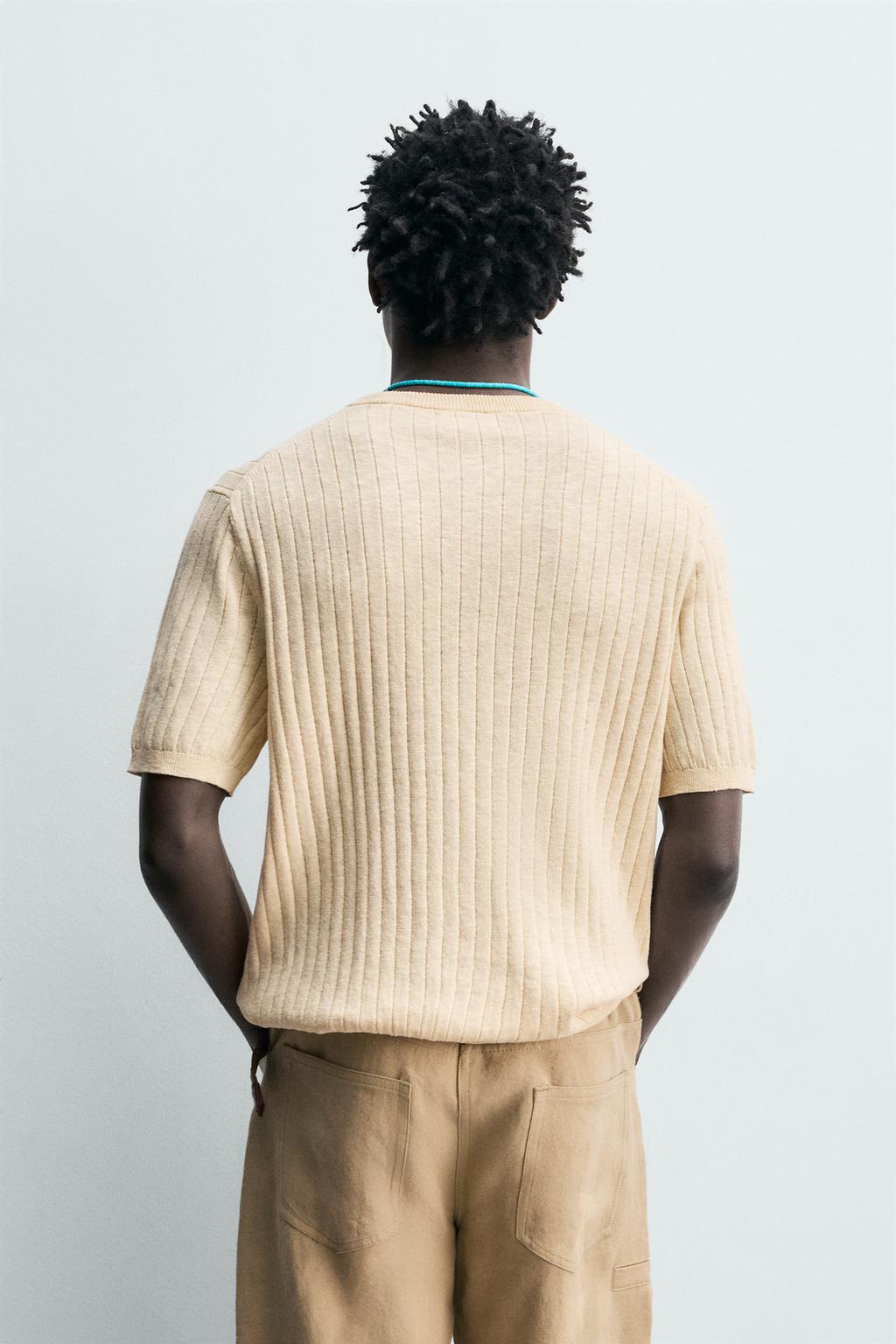 ФУТБОЛКА ИЗ ХЛОПКА И ЛЬНА В РУБЧИК С КРУГЛЫМ ВЫРЕЗОМ