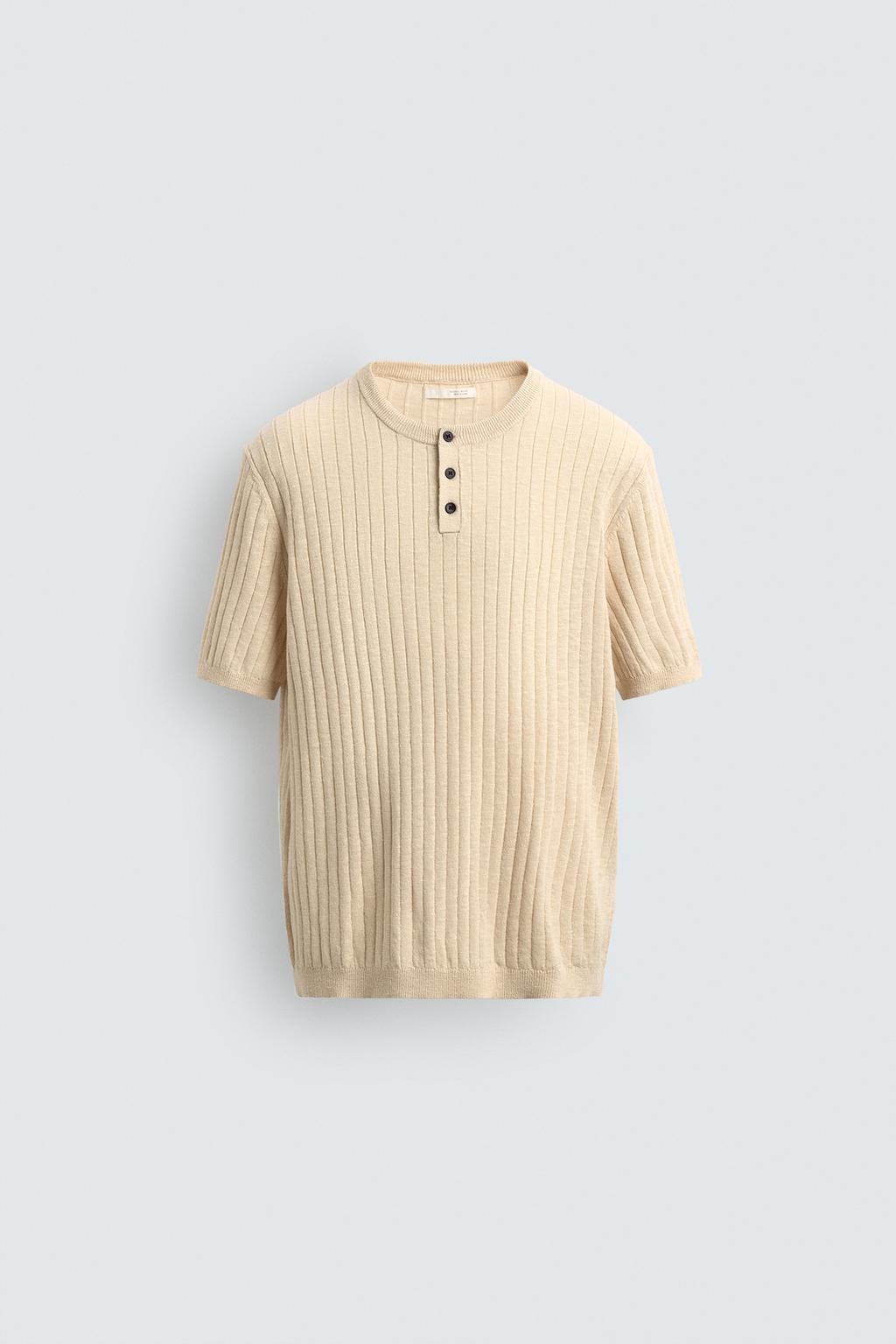 ФУТБОЛКА ИЗ ХЛОПКА И ЛЬНА В РУБЧИК С КРУГЛЫМ ВЫРЕЗОМ