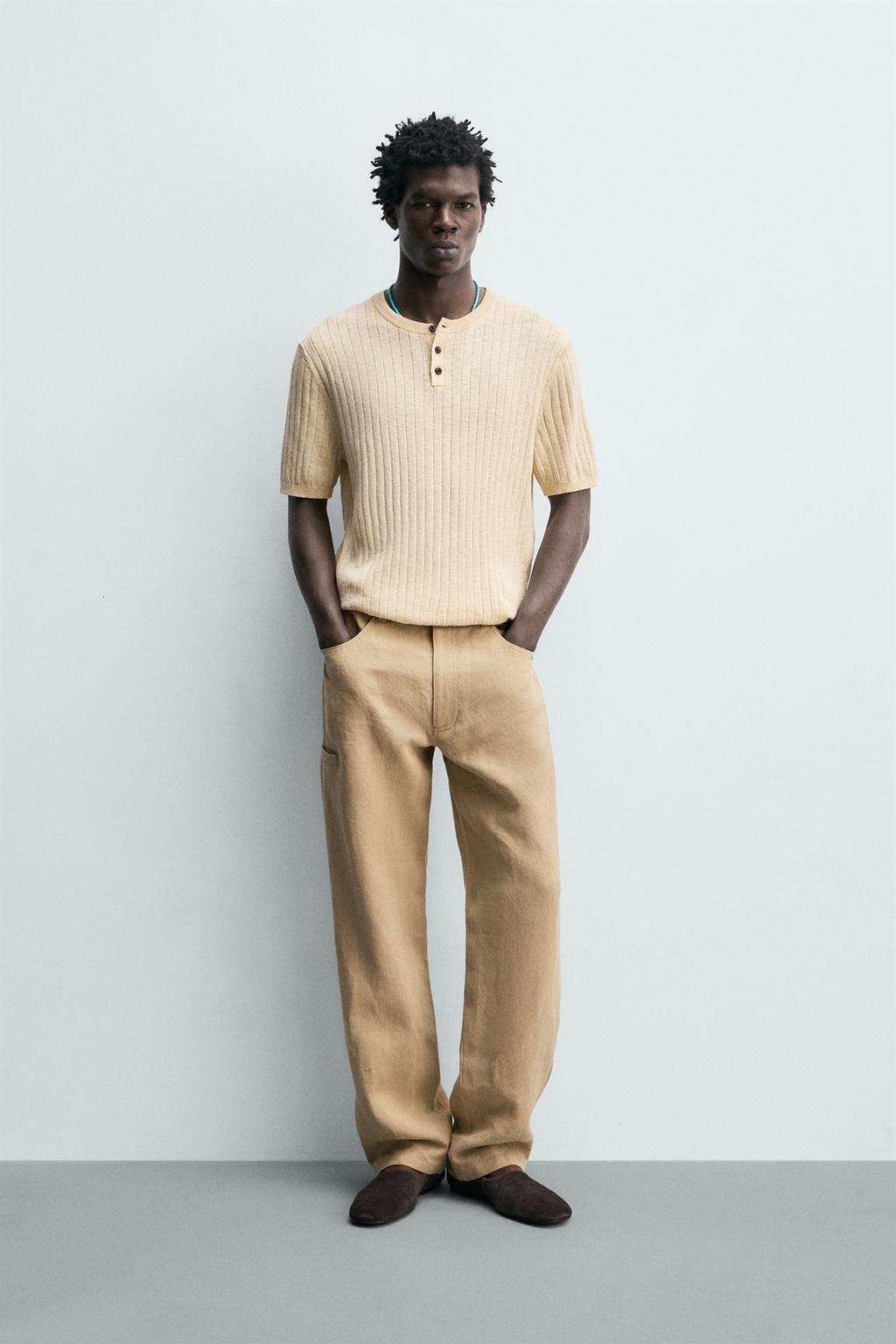 ФУТБОЛКА ИЗ ХЛОПКА И ЛЬНА В РУБЧИК С КРУГЛЫМ ВЫРЕЗОМ