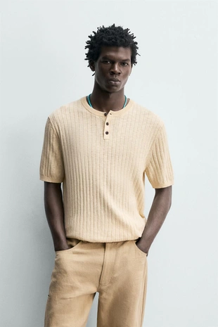 Футболка из хлопка и льна в рубчик с круглым вырезом- Заказать в России