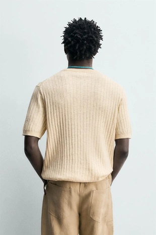 Футболка из хлопка и льна в рубчик с круглым вырезом- Заказать в России