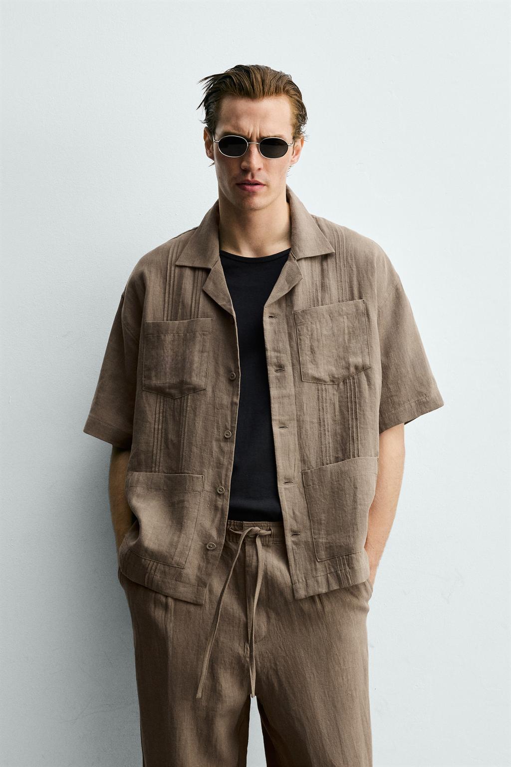 РУБАШКА RELAXED FIT ИЗ 100% ЛЬНА С КАРМАНАМИ И СКЛАДКАМИ