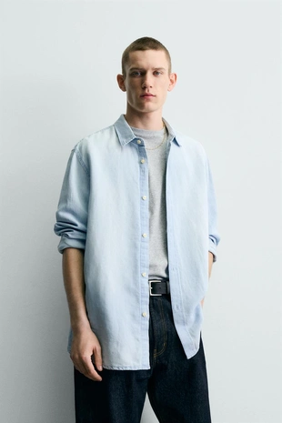 Джинсовая рубашка из льна и хлопка- Заказать в России