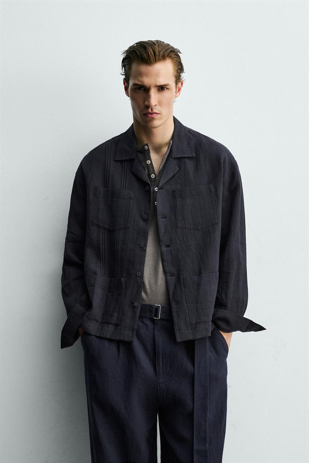 РУБАШКА СВОБОДНОГО КРОЯ ИЗ 100% ЛЬНА С КАРМАНАМИ И СКЛАДКАМИ