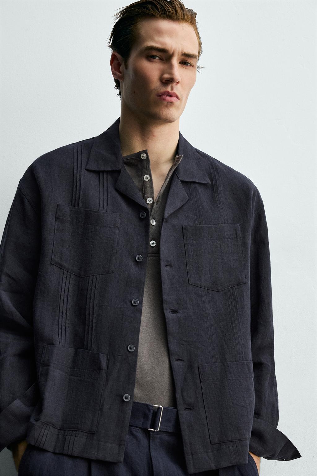 РУБАШКА СВОБОДНОГО КРОЯ ИЗ 100% ЛЬНА С КАРМАНАМИ И СКЛАДКАМИ