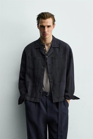 Рубашка свободного кроя из 100% льна с карманами и складками- Заказать в России