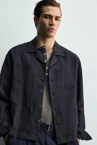 Рубашка свободного кроя из 100% льна с карманами и складками- Заказать в России