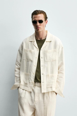 Рубашка свободного кроя из 100% льна с карманами и складками- Заказать в России