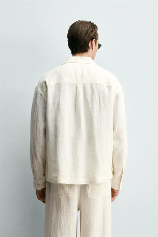 Рубашка свободного кроя из 100% льна с карманами и складками- Заказать в России