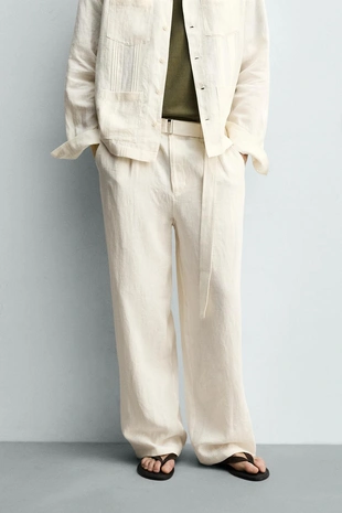 Брюки Relaxed Fit из 100% льна с ремнем