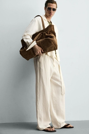 Брюки Relaxed Fit из 100% льна с ремнем- Заказать в России