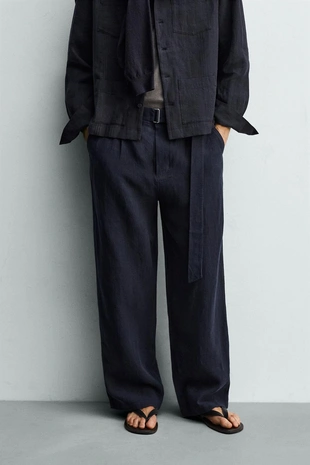Брюки свободного кроя из 100% льна с ремнем