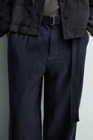 Брюки свободного кроя из 100% льна с ремнем- Заказать в России