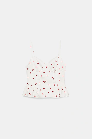 Атласный топ с воланами и принтом клубники- Заказать в России