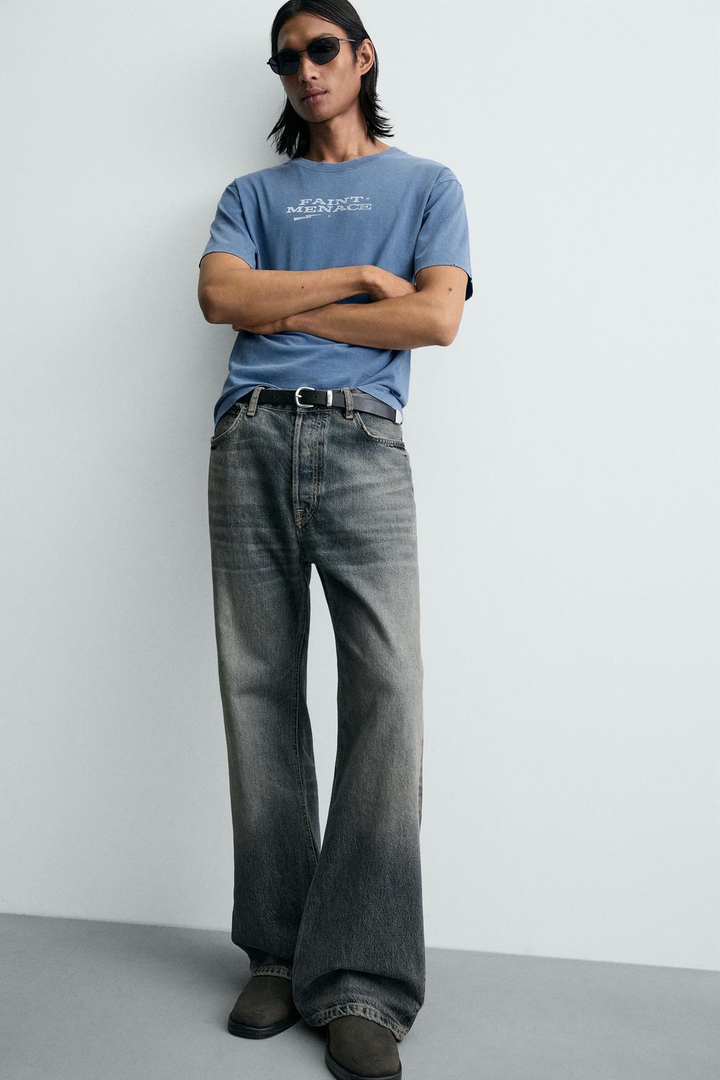 ФУТБОЛКА ИЗ ТКАНИ С ЭФФЕКТОМ ПОТЕРТОСТИ С НАДПИСЬЮ