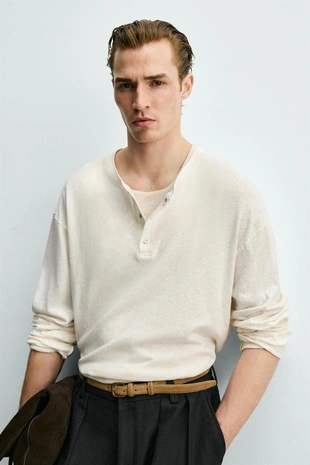 Футболка henley из хлопка и льна- Заказать в России