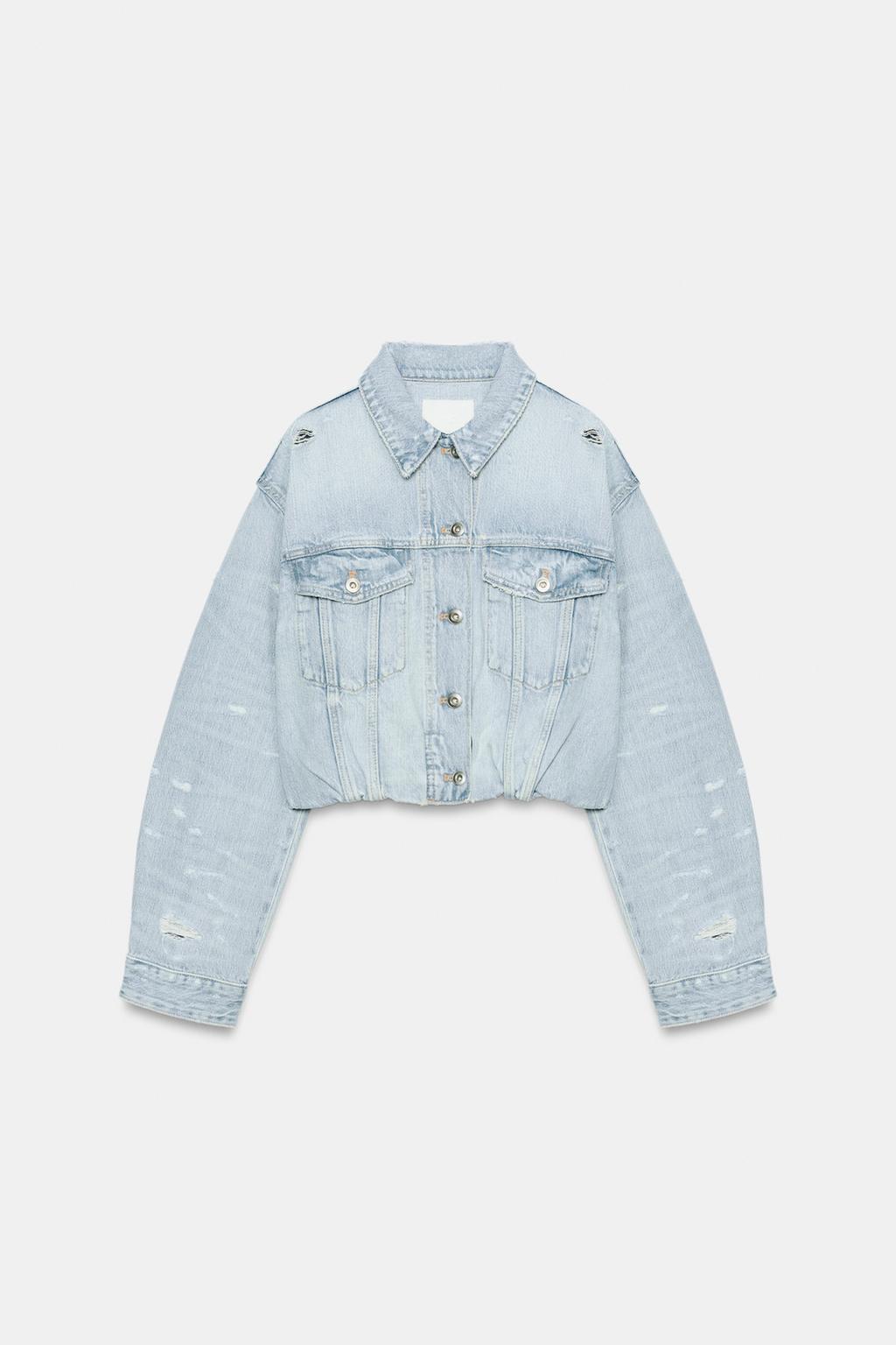 УКОРОЧЕННАЯ ДЖИНСОВАЯ КУРТКА TRF С РАЗРЫВАМИ