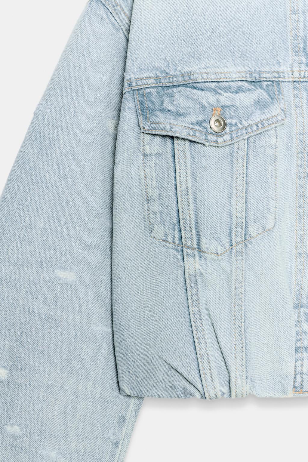 УКОРОЧЕННАЯ ДЖИНСОВАЯ КУРТКА TRF С РАЗРЫВАМИ