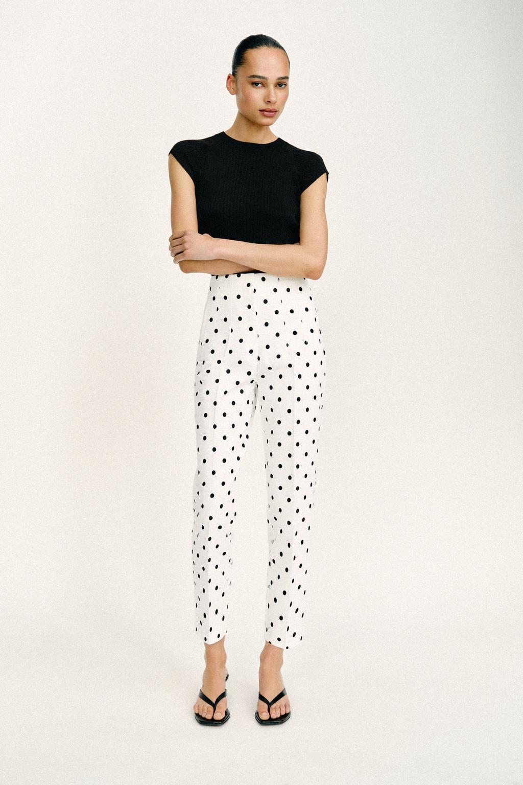 УКОРОЧЕННЫЕ БРЮКИ В ГОРОШЕК С ВЫСОКОЙ ПОСАДКОЙ