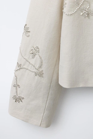 Блейзер из смесового льна с бусинами- Заказать в России