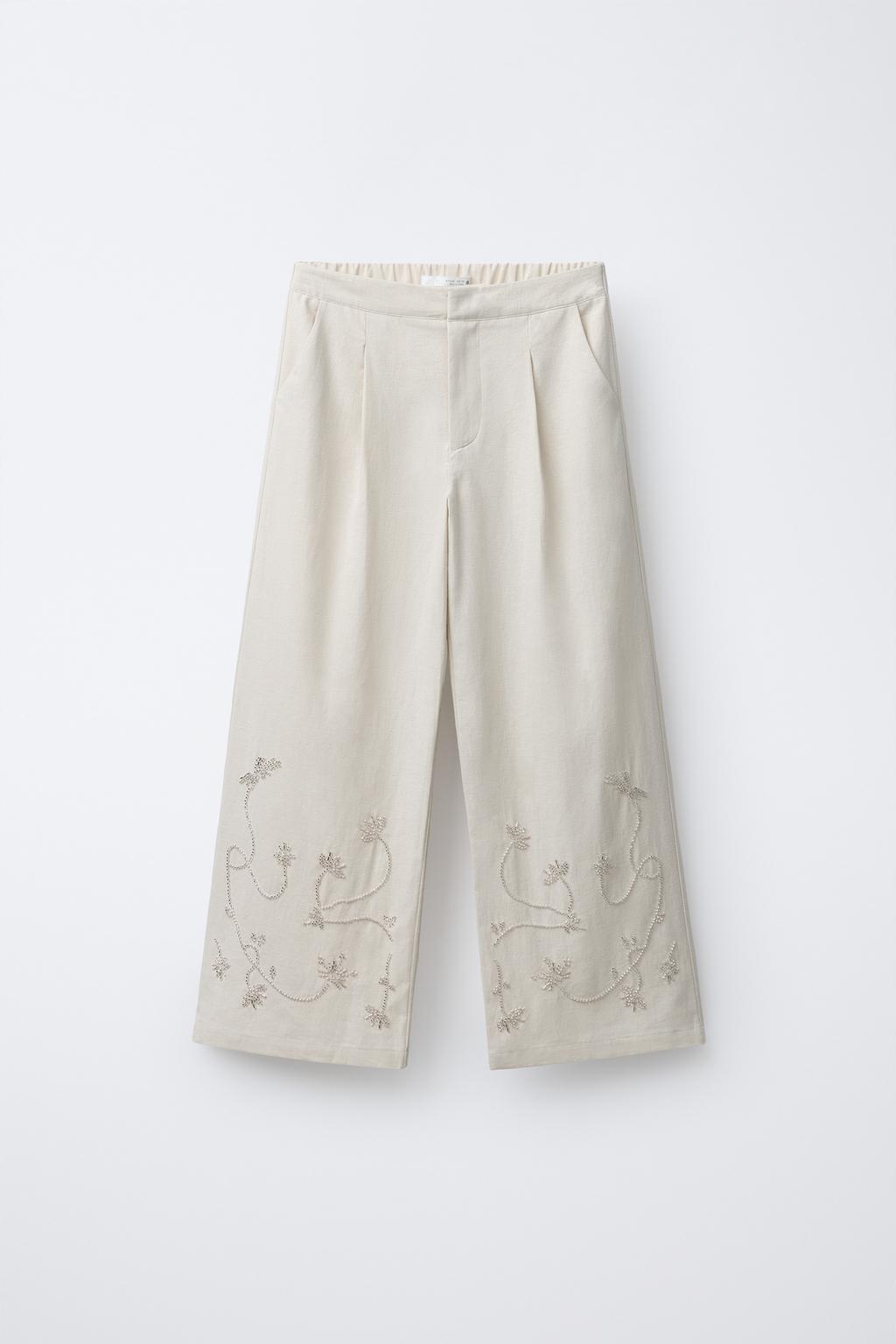 БРЮКИ WIDE LEG С БУСИНАМИ, ИЗ ЛЬНА И ХЛОПКА