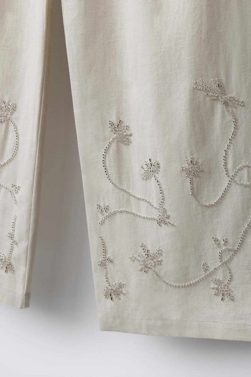 БРЮКИ WIDE LEG С БУСИНАМИ, ИЗ ЛЬНА И ХЛОПКА