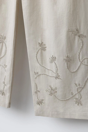 Брюки Wide Leg с бусинами, из льна и хлопка- Заказать в России