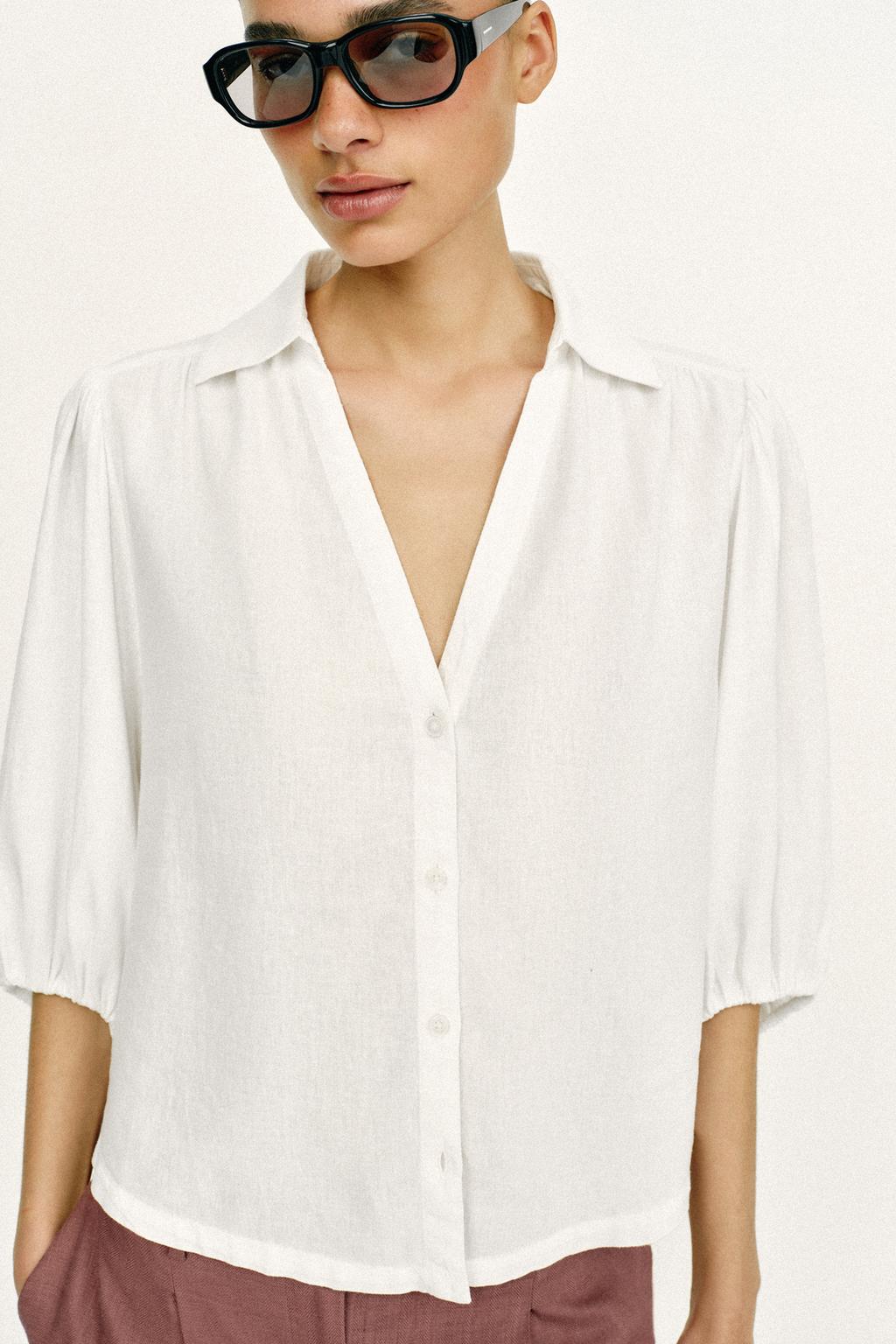 РУБАШКА ИЗ СМЕСОВОГО ЛЬНА С ОБЪЕМНЫМИ РУКАВАМИ