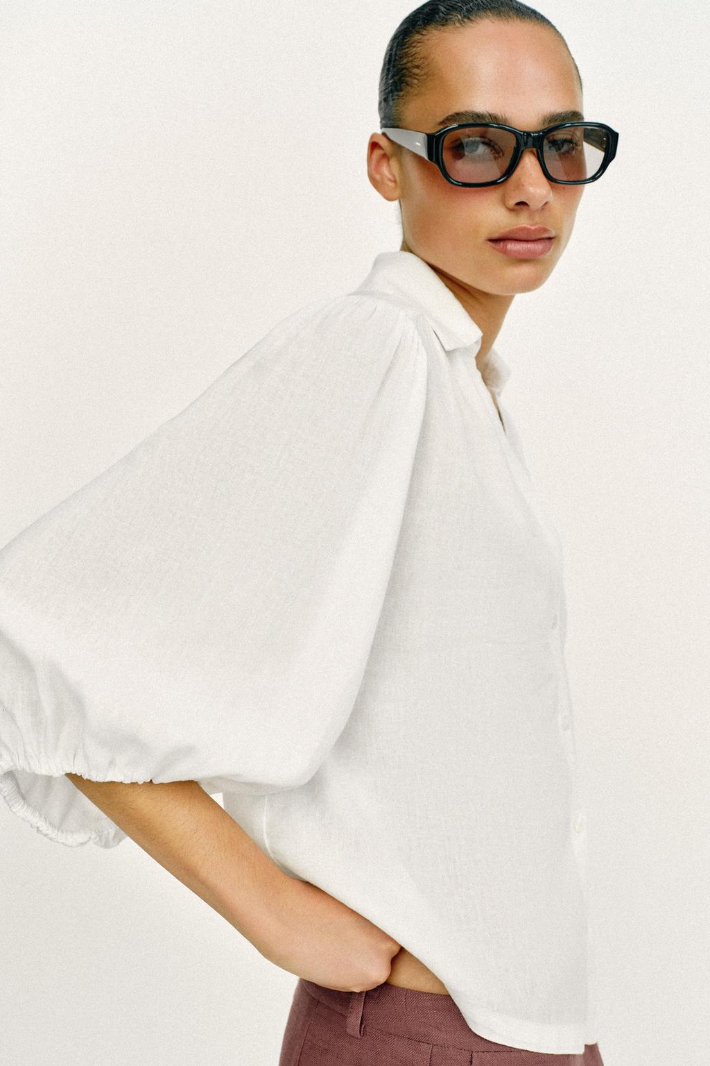 РУБАШКА ИЗ СМЕСОВОГО ЛЬНА С ОБЪЕМНЫМИ РУКАВАМИ