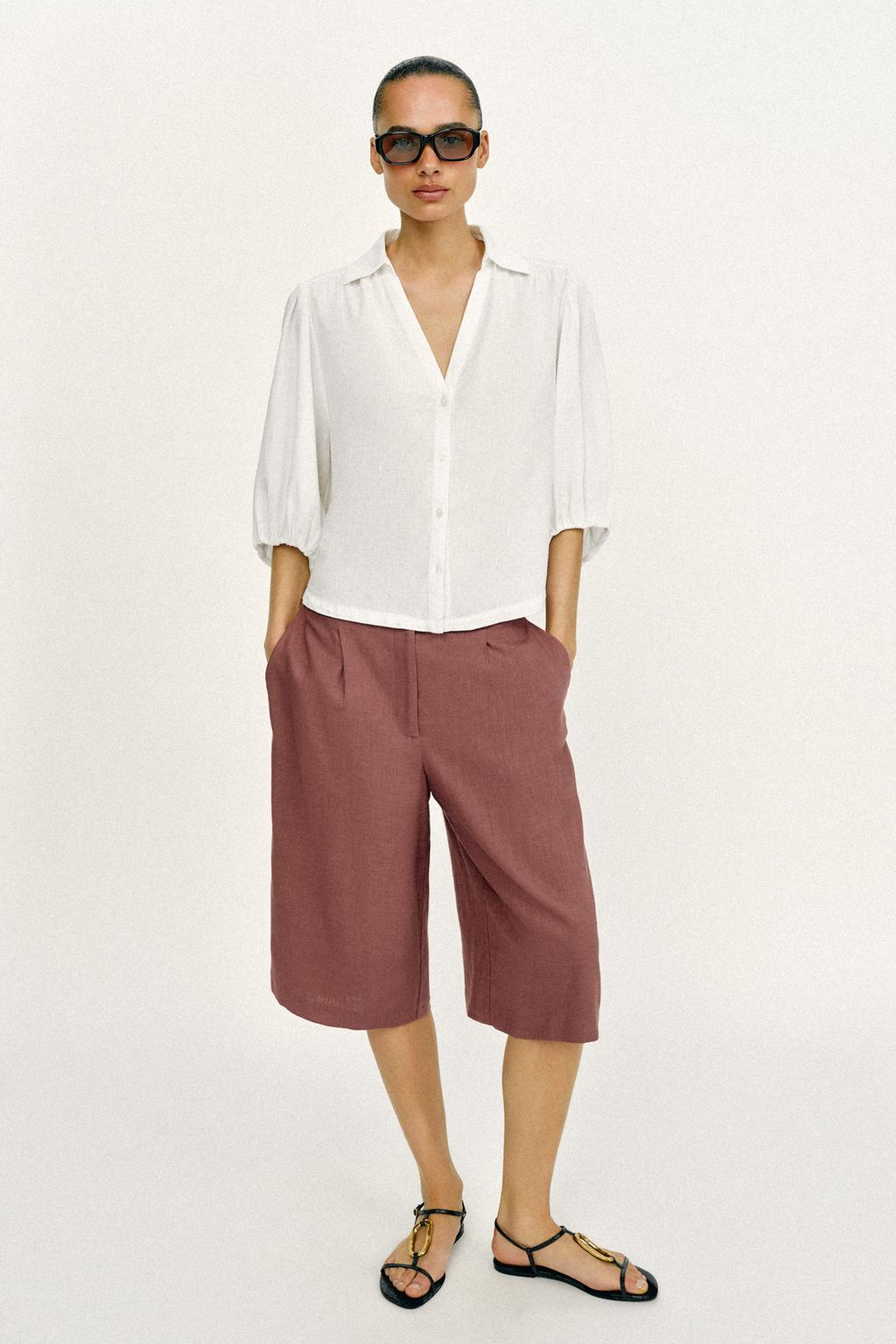 РУБАШКА ИЗ СМЕСОВОГО ЛЬНА С ОБЪЕМНЫМИ РУКАВАМИ