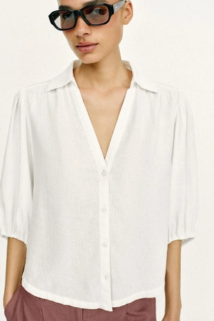 Рубашка из смесового льна с объемными рукавами