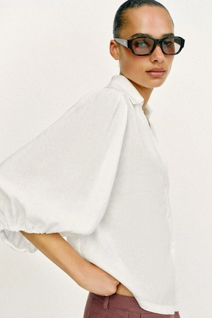 Рубашка из смесового льна с объемными рукавами