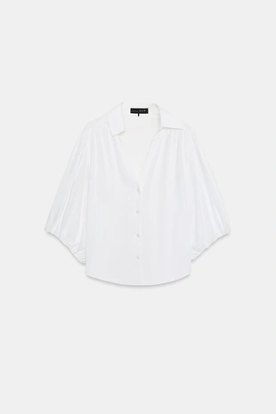 Рубашка из смесового льна с объемными рукавами- Заказать в России